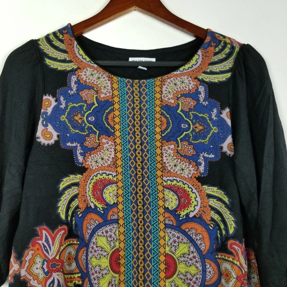 Cha Cha‎ Venti Womens Tunic Size S Black Stretchy Floral Mandolin Print Blouse - Picture 2 of 6